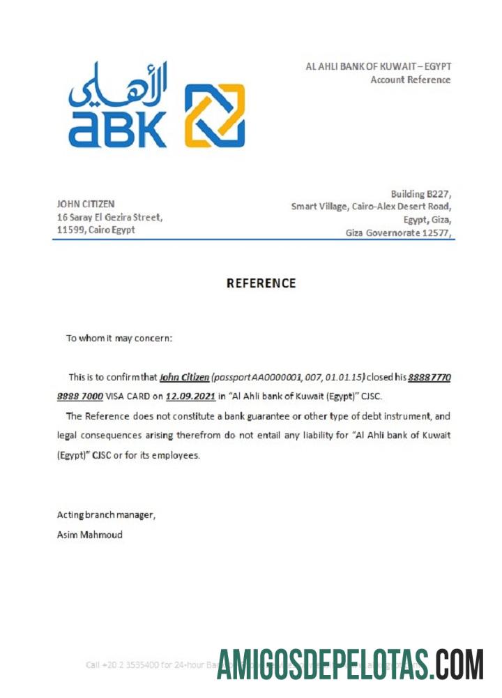 Referência de fechamento do Banco Al Ahli do Kuwait do Egito exemplo